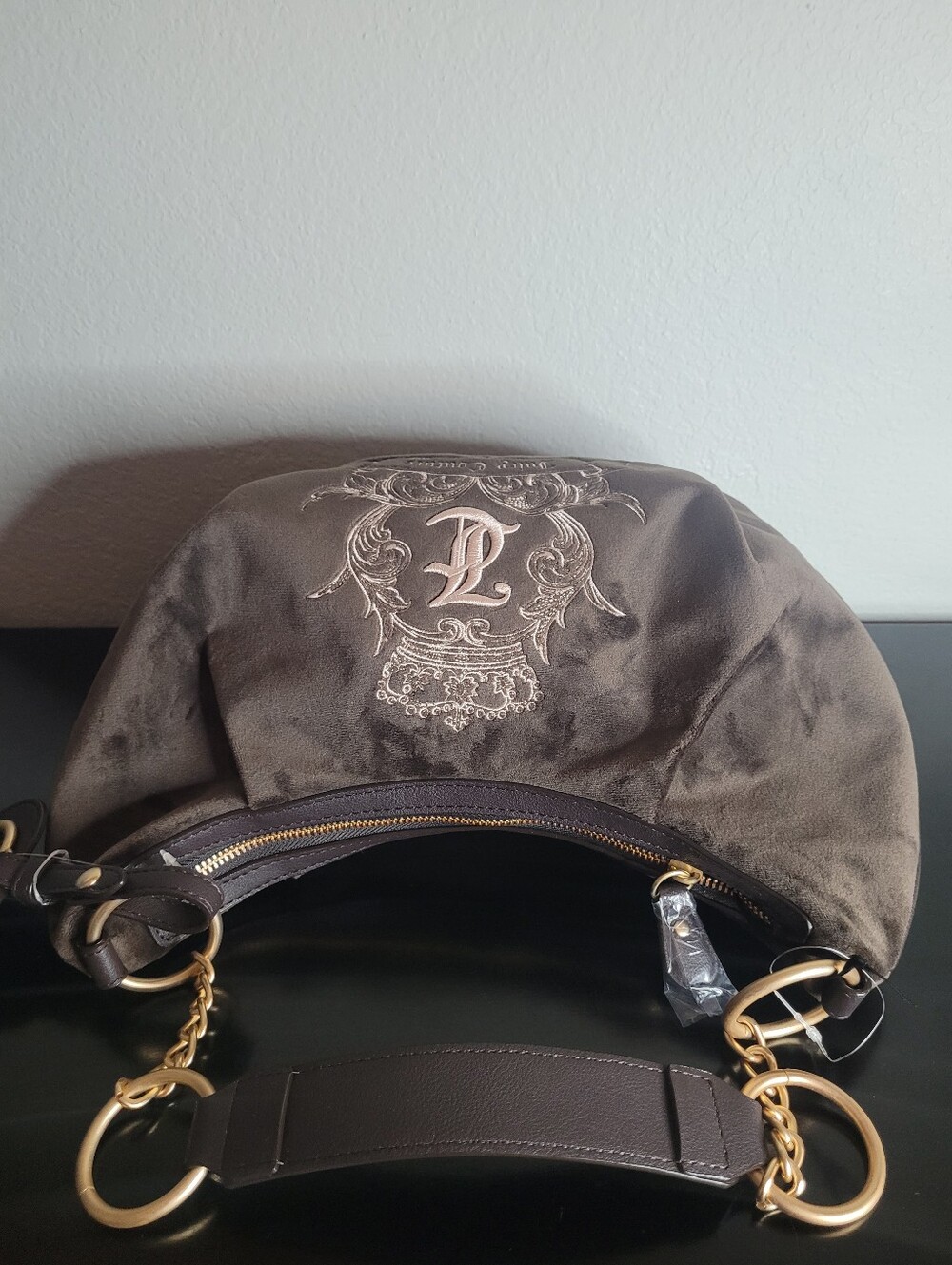 Juicy Couture Dark Brown Velvet Crest Hobo with Gold Heart Charm - Picture 6 of 6